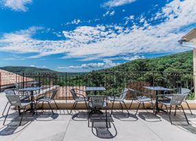 Pool house between vineyards and woods