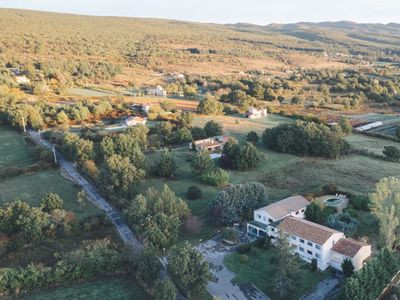 Hotel reception area with a swimming pool
