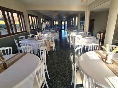 Hotel reception area with a swimming pool