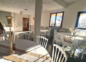 Hotel reception area with a swimming pool