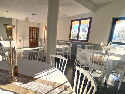 Hotel reception area with a swimming pool