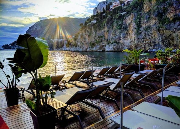 Outdoor restaurant and private beach