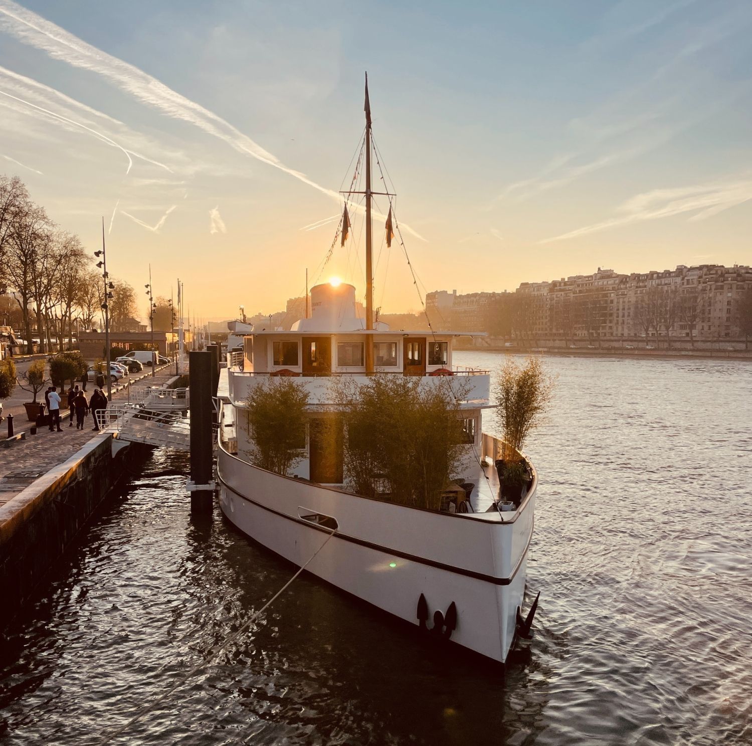 Boat in Paris at the foot of the Statue of Liberty with a view of the Eiffel Tower