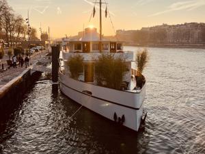 Boat in Paris at the foot of the Statue of Liberty with a view of the Eiffel Tower