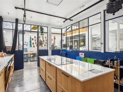 Workshop office with bright kitchen, glass roof, meeting rooms and large reception area