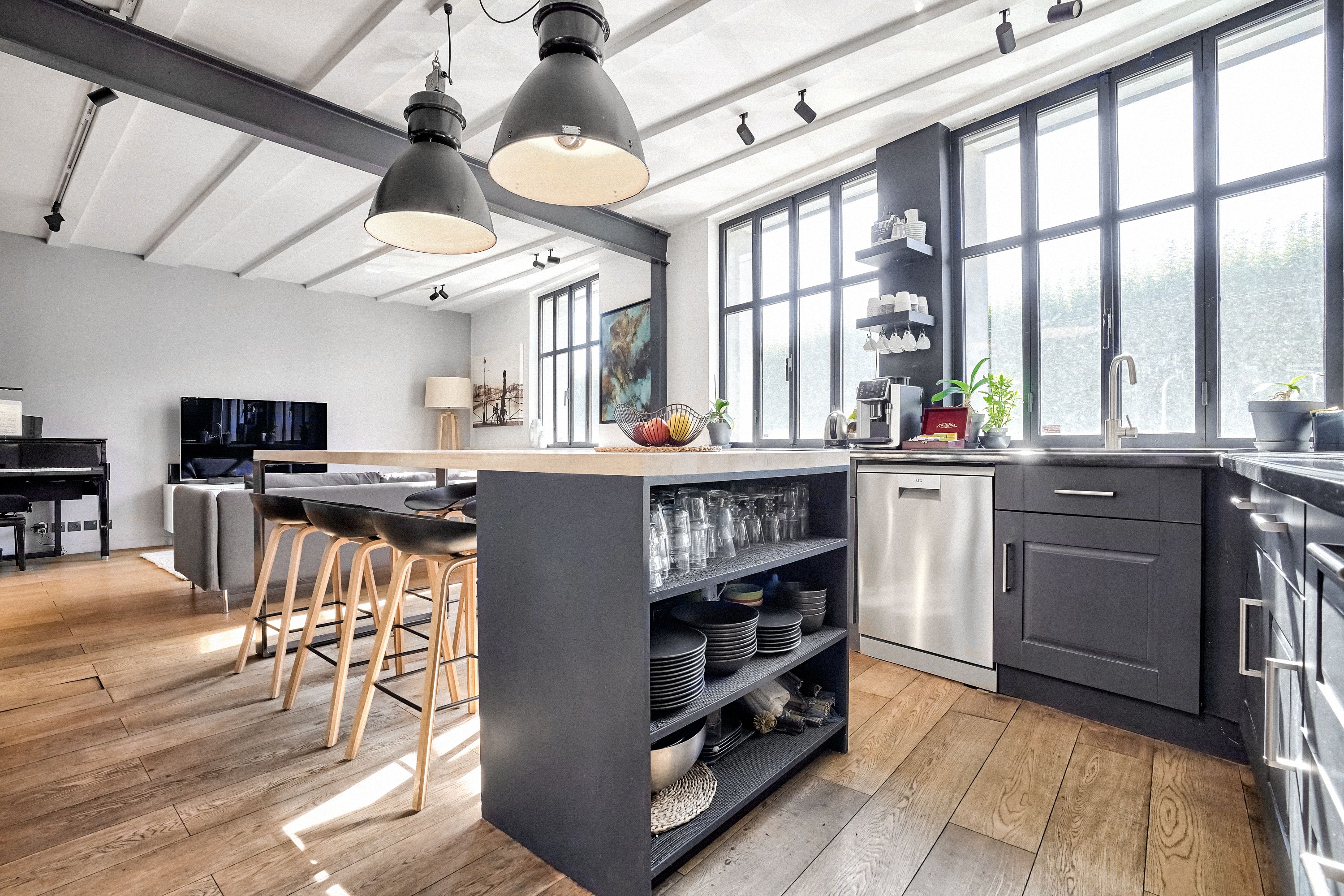 Large industrial Eiffel loft, steel, brick and glass roof