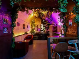 Lieu Théâtral Tropical avec Rideau de Cinéma Noir et Ambiance Projecteurs