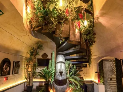 Tropical Theatrical Venue with Black Cinema Curtain & Spotlight Atmosphere