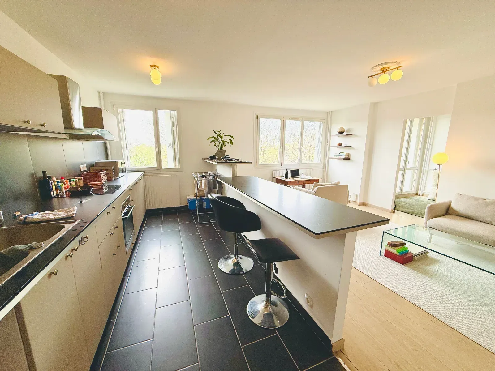 Bright living room with open-plan kitchen
