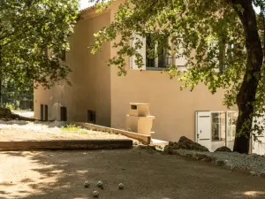 Piscine chauffée dans un jardin verdoyant