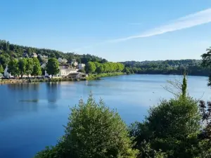 Beautiful lakeside garden with large wooden terrace overlooking the water