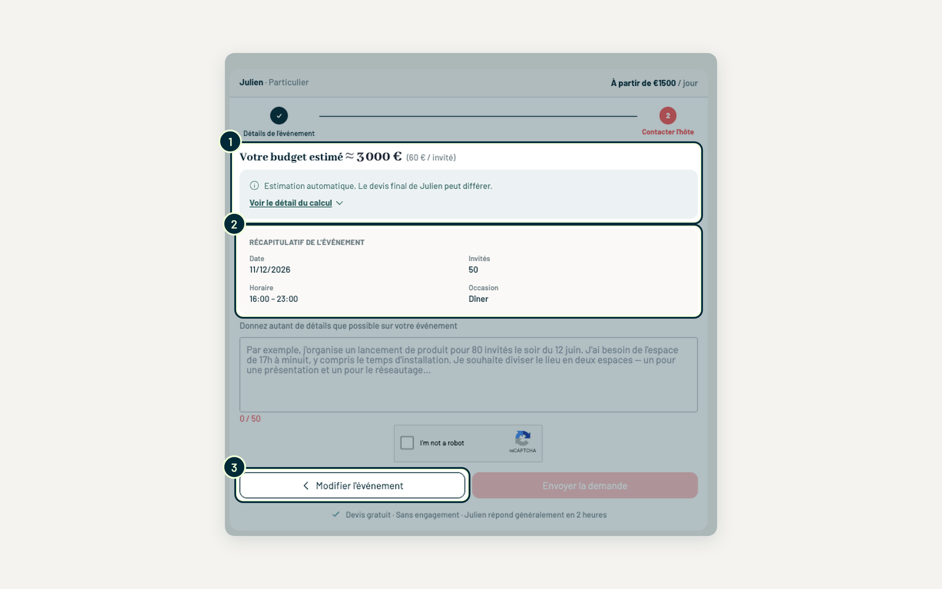 Étape 5 : votre estimation et le récapitulatif de l'événement