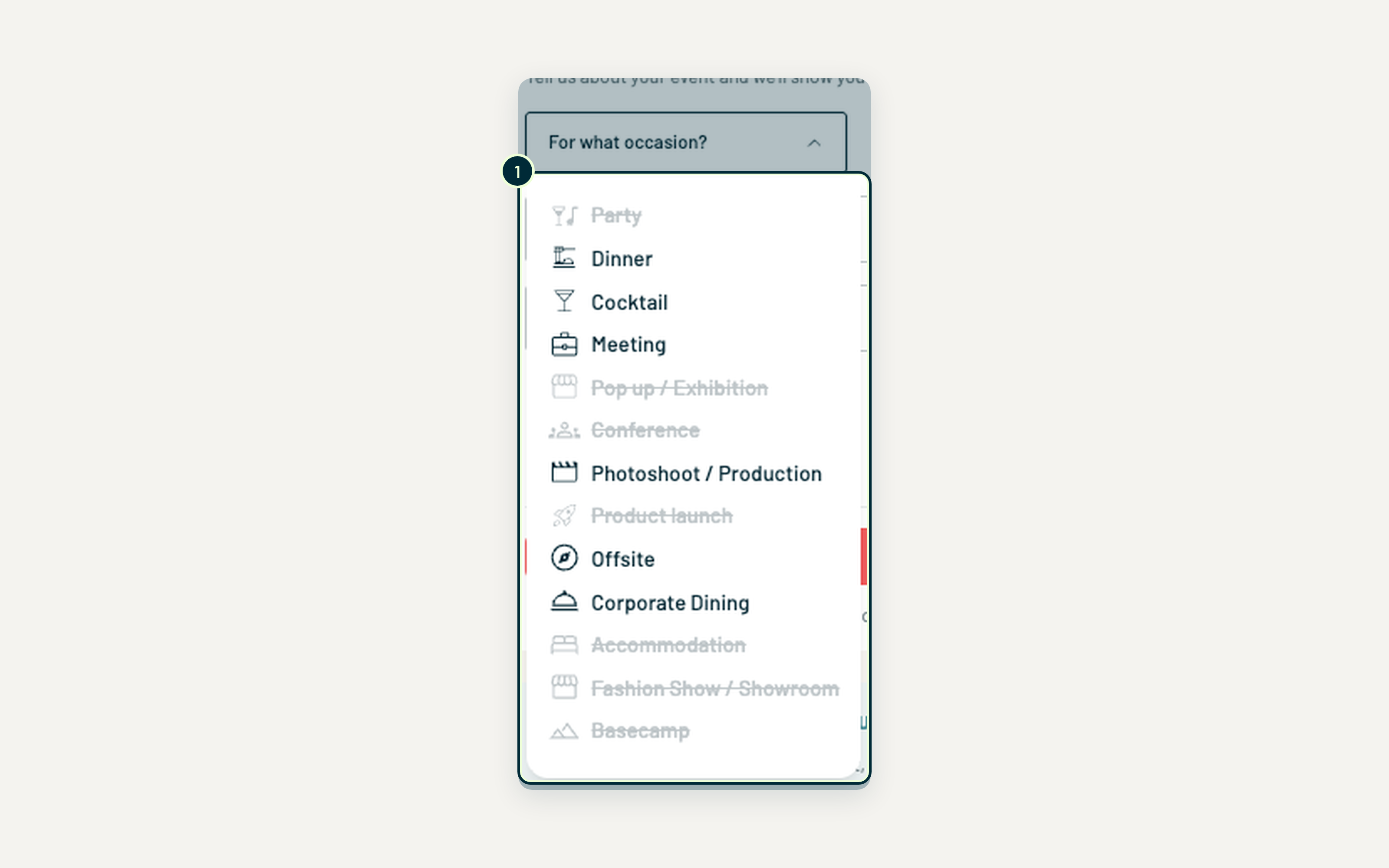Step 2: the occasion list, with event types the venue doesn't accept greyed out