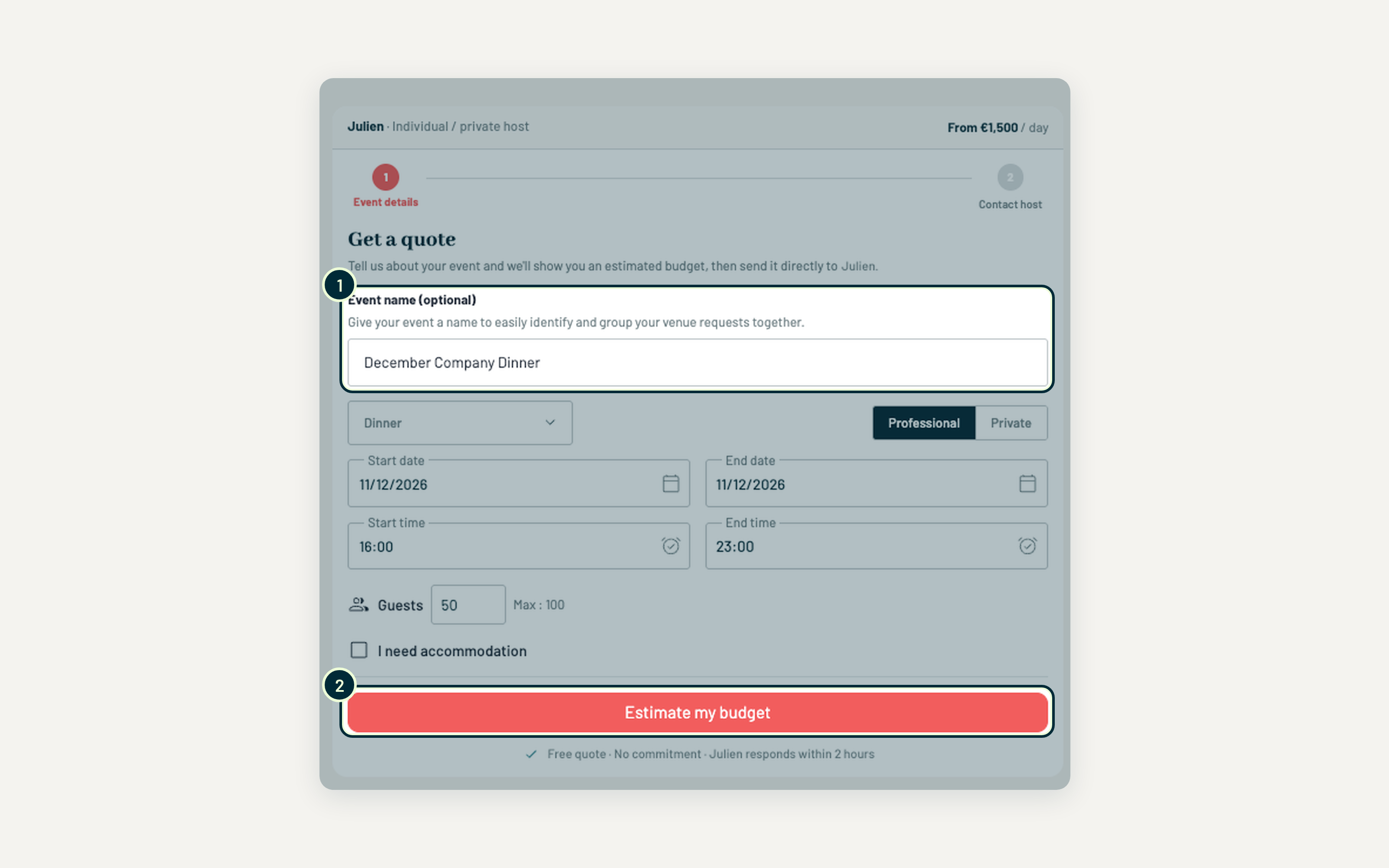 Step 4: name your event, then click Estimate my budget