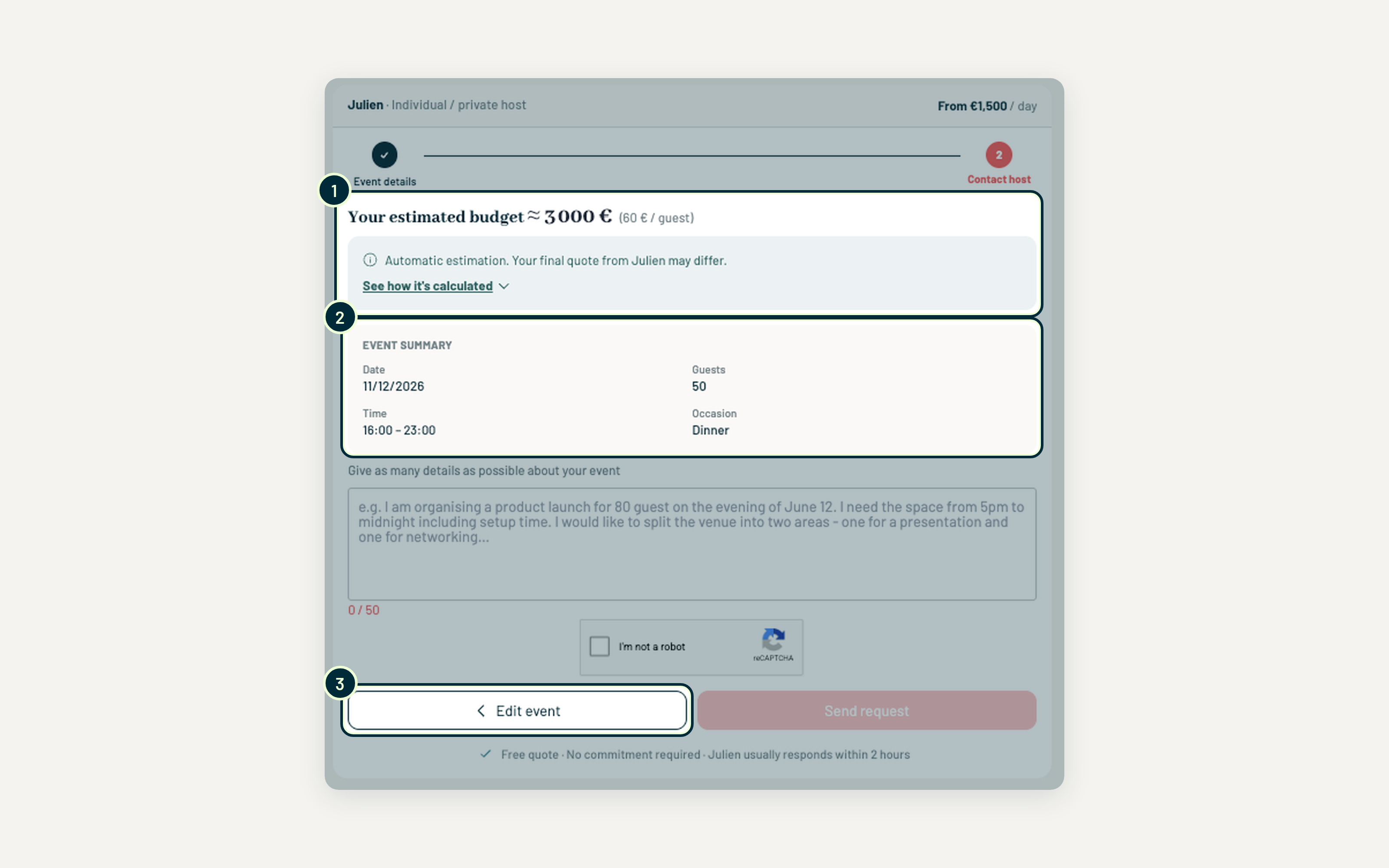 Step 5: your estimate and event summary