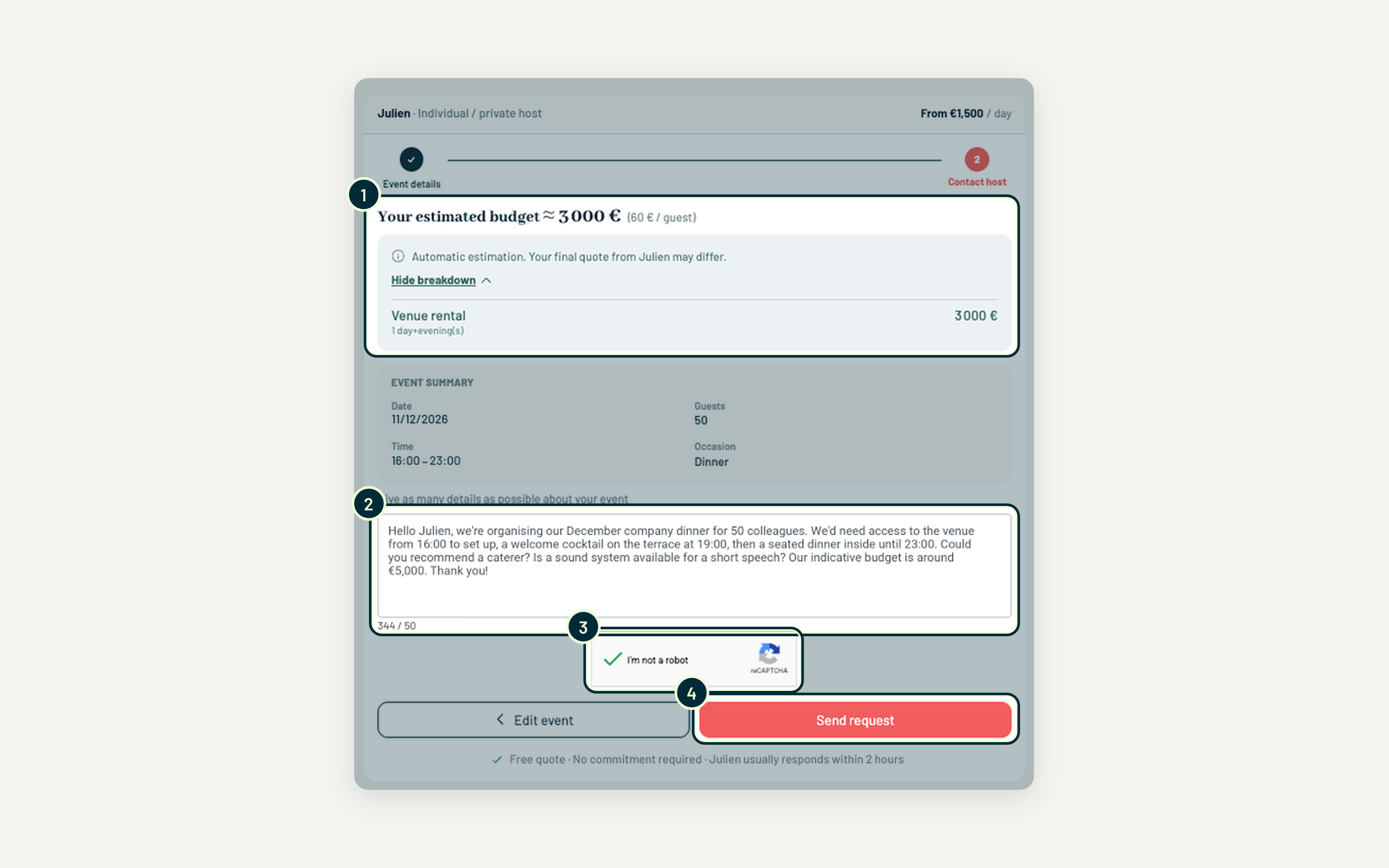 Step 6: the estimate breakdown and your message to the host