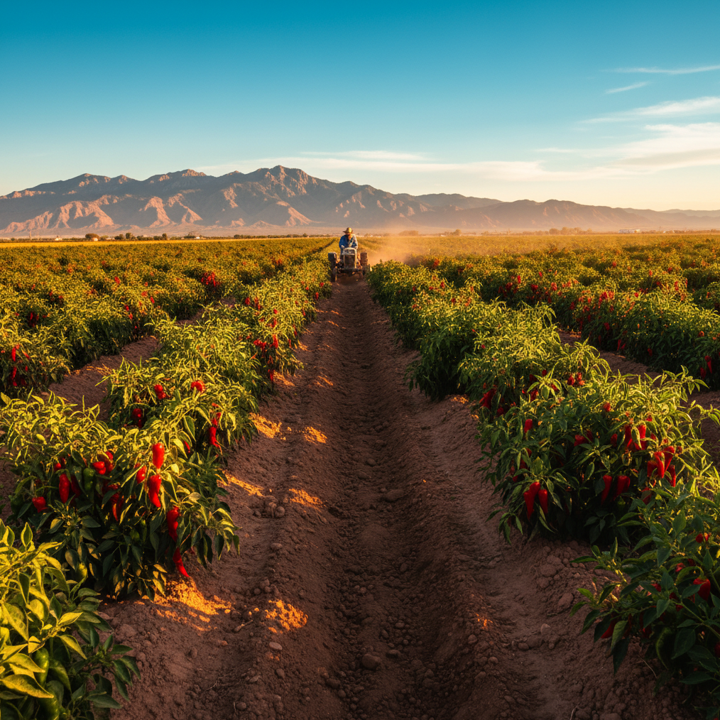 Vibrant documentary photograph of New Mexico chile peppers growing in agricultural fields with the distinctive southwestern landscape in the background. Warm golden hour lighting casting long shadows across rows of green and red chile plants. The Sandia Mountains or similar New Mexico mountain range visible in the distance under a brilliant blue sky. Rich earth tones with the green chile plants contrasting against the red desert soil. Include agricultural equipment or a farmer tending to crops in the middle distance. Photorealistic, high quality, National Geographic style photography with warm color grading emphasizing oranges, reds, and turquoise skies typical of New Mexico sunsets.