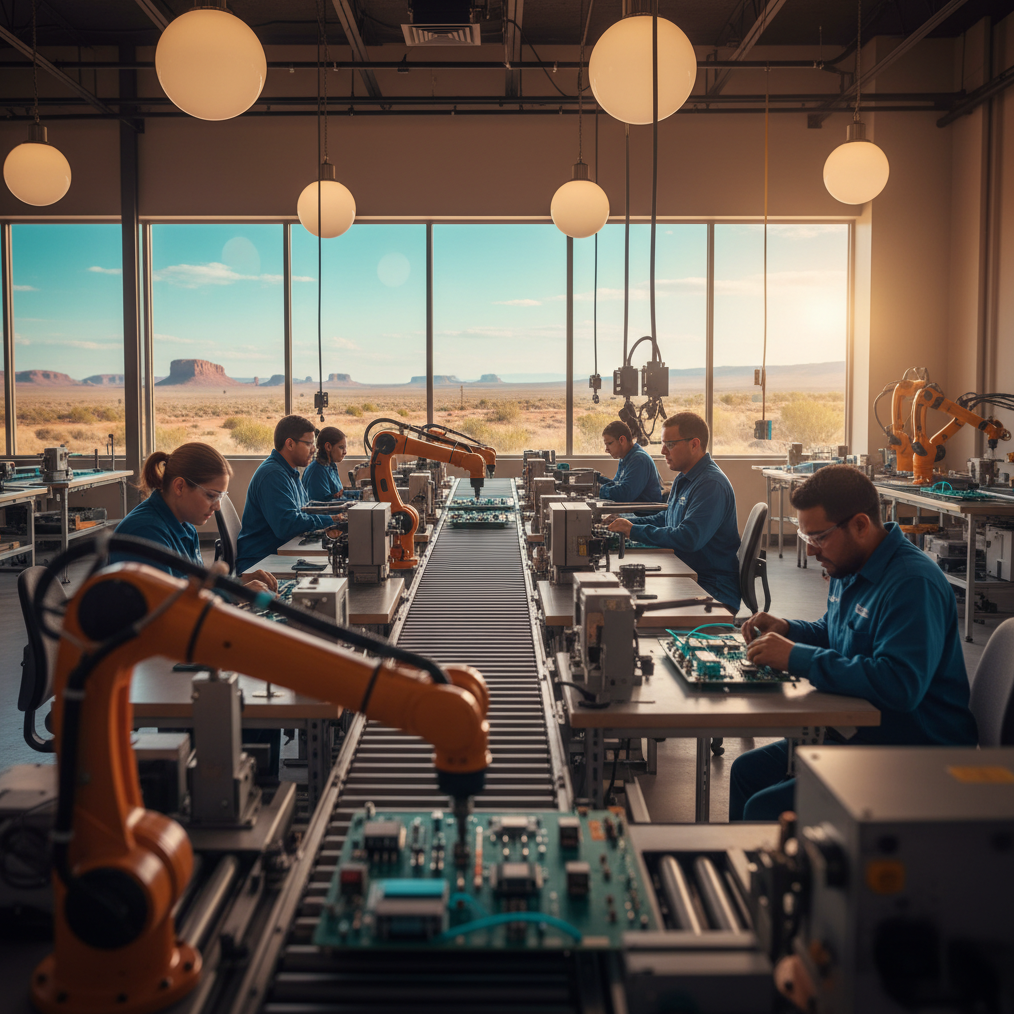 Professional documentary photograph of a modern New Mexico manufacturing facility interior showing production or assembly line operations. Clean, well-lit industrial space with workers in the background operating machinery or assembling products. Large windows showing the New Mexico desert landscape outside. Warm industrial lighting with natural light streaming in. Equipment and products positioned in the foreground with selective focus. Color palette featuring steel grays, warm industrial oranges, and the turquoise New Mexico sky visible through windows. High-quality commercial photography style with depth of field emphasizing the manufacturing process while maintaining the southwestern context.