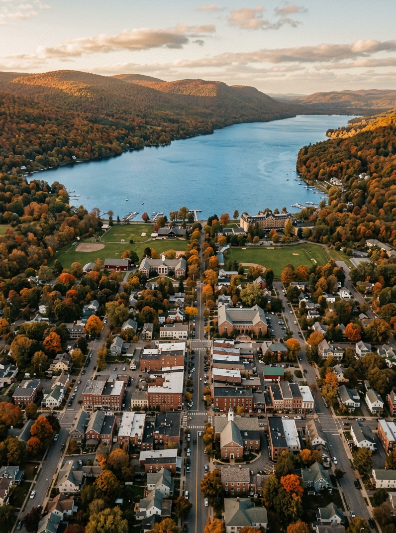 Aerial photograph of Cooperstown New York village in autumn, showing the small historic downtown nestled between Otsego Lake to the north and rolling forested Catskill foothills, warm golden October light, rich red and orange foliage, clear blue lake water visible at top edge, muted desaturated vintage tone, soft cinematic warmth, high detail