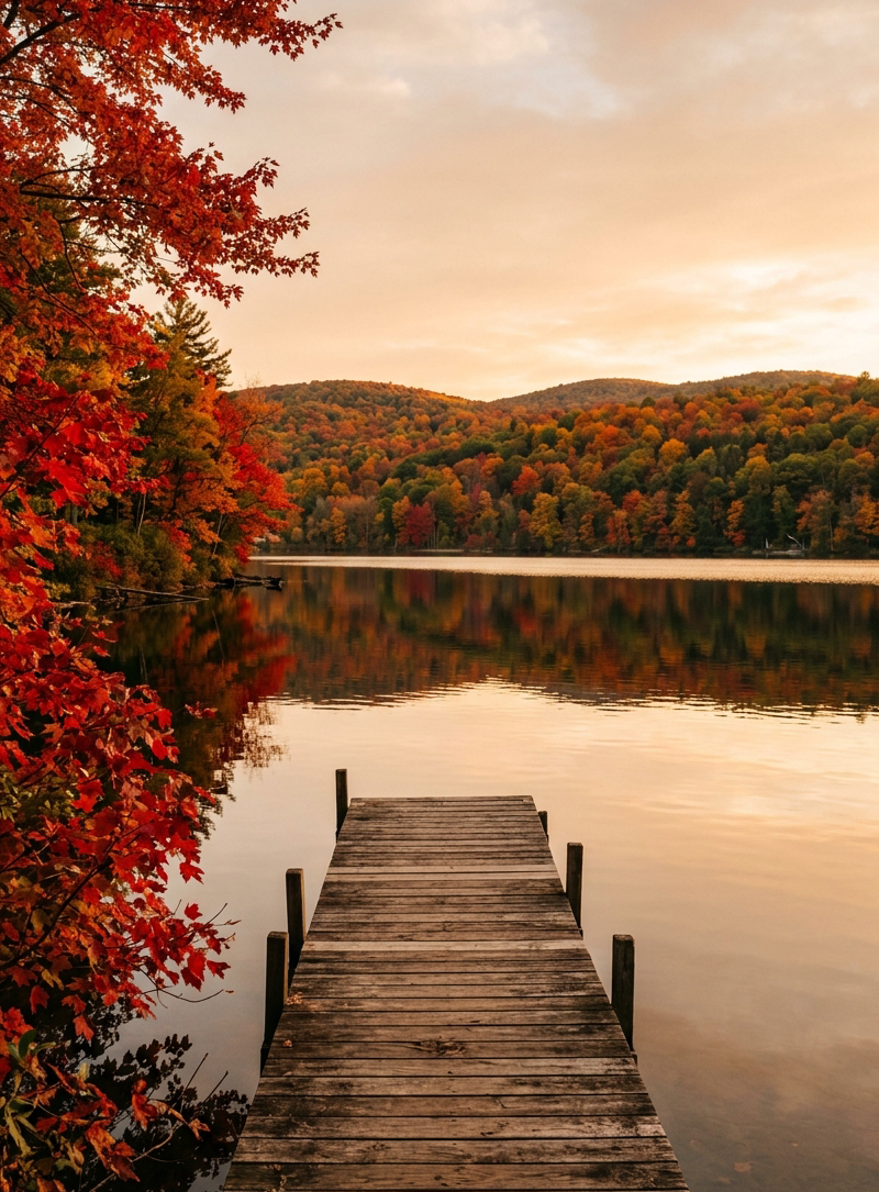 Stunning autumn photograph looking across Otsego Lake in Cooperstown, New York at golden hour. The lake surface reflects fiery red, orange, and gold foliage of the surrounding hills. A rustic wooden dock extends into the still water in the foreground. The sky is a warm peachy amber. Rich crimson maple trees frame the left edge. The overall color palette is warm: deep golds, burnt oranges, and scarlet reds. The style is cinematic and evocative, shot with a wide-angle lens, high dynamic range, beautiful natural light.