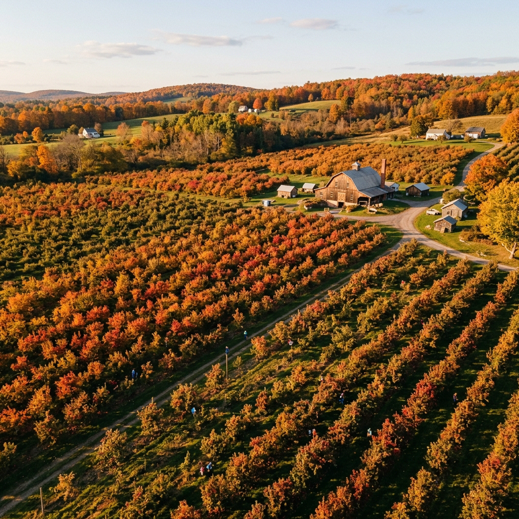 Aerial photograph of lush apple orchards in upstate New York during peak autumn, rows of apple trees with vibrant red, orange and golden foliage, a rustic wooden cider mill visible in the distance, rolling hills, soft warm sunlight casting long harvest shadows, warm golden tones, photorealistic, landscape orientation