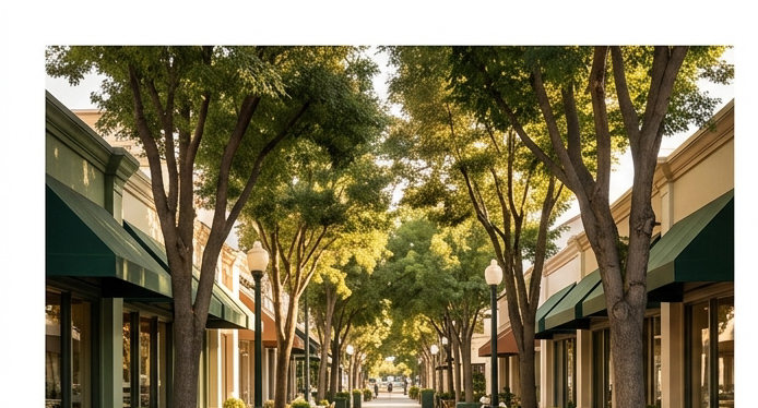 Street-level view of a wide, tree-lined pedestrian promenade in a California mixed-use village. Warm afternoon light filters through mature street trees. Outdoor café seating lines the sidewalk. Earthy green and cream-toned storefronts. Painted in a photorealistic style matching the deep forest-green and warm tan color palette of the infographic.