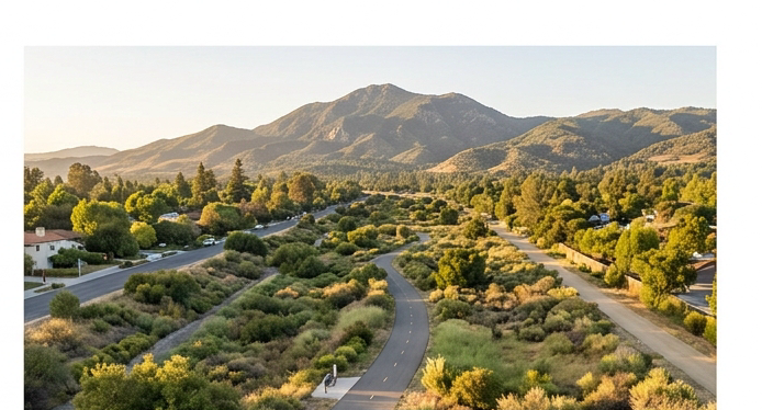 Aerial perspective of a linear greenway park in a California foothill town, showing a paved multi-use trail surrounded by native shrubs and grasses, Ladyface Mountain visible in the background. Golden hour light. Color palette: deep green, tan, sage. Photorealistic.