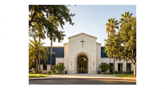 Exterior facade of a modern Catholic co-educational high school campus in a sunny Los Angeles suburban setting. Architecture features clean pale stone walls, arched entryway, and a small cross detail above the entrance. Warm golden afternoon light. Lush green trees frame the building. Color palette echoes deep navy, warm ivory, and gold accents. Editorial photography style, sharp focus, wide angle.