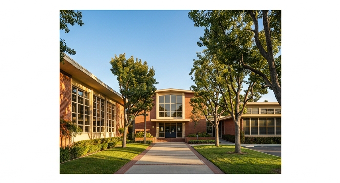 Exterior of an established independent K-12 co-educational day school campus in Sherman Oaks Los Angeles. Classic California modernist architecture with red-brick accents and large windows. Mature trees lining a well-kept pathway. Warm sunlight, clear blue sky. Color palette of deep navy-blue, warm brick red, and gold. Editorial school photography, wide angle, sharp depth of field.