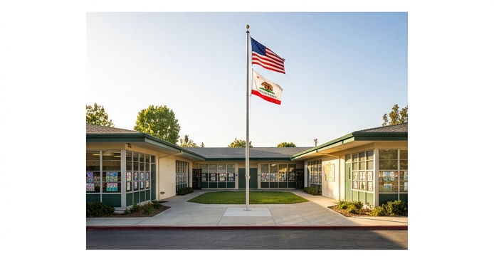 Exterior of a welcoming Catholic K-8 elementary and middle school in a quiet suburban neighborhood in Sherman Oaks Los Angeles. Low-rise school building with a small courtyard, flag pole with American and California flags, and colorful student artwork visible through windows. Bright morning light. Color palette of forest green, warm ivory, and gold. Editorial school photography style, wide angle.