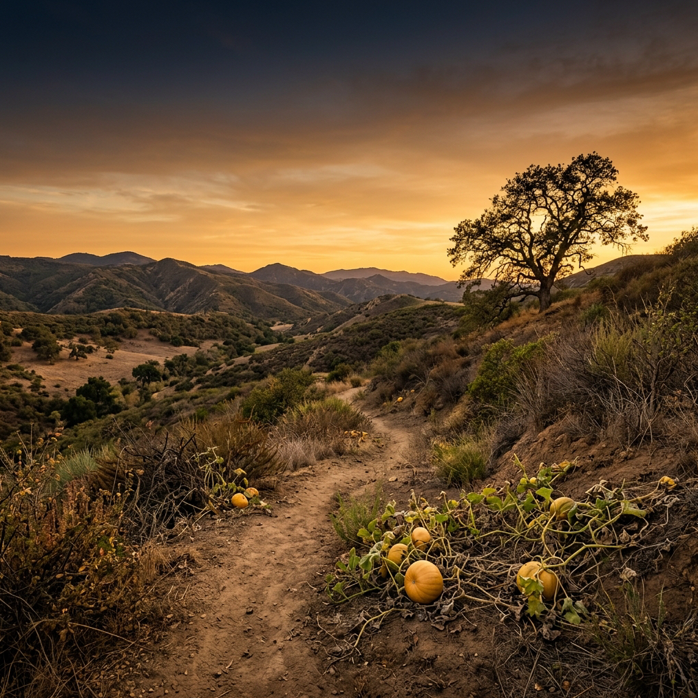 A sweeping golden-hour panoramic landscape photograph of the Santa Monica Mountains foothills near Calabasas, California, with wild pumpkin gourds growing in the foreground on a dusty trail, a lone California oak tree silhouetted against a warm amber and deep navy sky, evoking the rawness of early 19th-century ranchland. Color tones match a rich earthy palette of terracotta, deep navy (#1a1a2e), amber gold (#e8c97e), and muted ochre. Cinematic, wide-angle, no people, no text, photorealistic, high resolution.