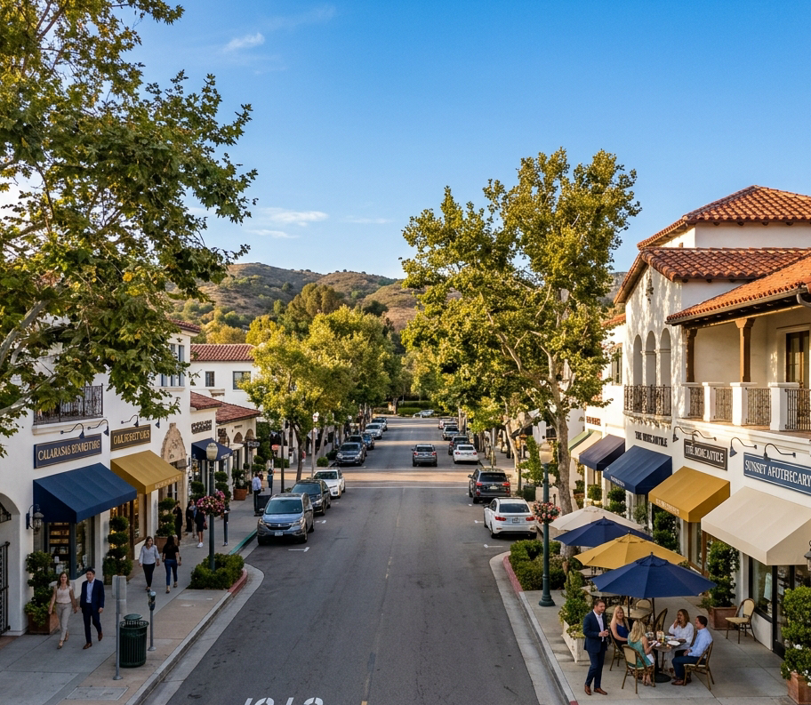 Aerial or street-level photograph of a charming California suburban main street in Calabasas CA bathed in warm golden afternoon sunlight. Spanish-style architecture with terracotta roofs, mature oak trees lining the sidewalk, well-kept storefronts with awnings in deep navy and warm gold tones. A few well-dressed professionals walk and chat near a cafe. Sky is clear blue. Color palette matches warm gold #b8960c, deep navy #2c4a6e, and cream #f8f6f1. Photo-realistic, high resolution, 16:5 aspect ratio.