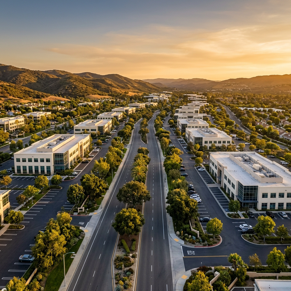 Aerial perspective of Westlake Boulevard in Westlake Village, California during golden hour. Lush Southern California landscaping flanks wide boulevards lined with low-rise Class A office campuses and manicured business parks. Rolling hills visible in the background under a warm amber sky. Architecture is clean suburban corporate — cream stucco and glass, mature trees, ample surface parking, California native drought-tolerant plantings. Color palette: warm gold tones, deep navy shadows, ivory stucco facades, slate blue sky. Wide cinematic composition, sharp detail, no text overlays, photorealistic.