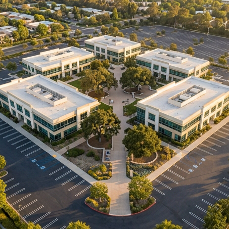 Low aerial photography of a five-building master-planned suburban office campus in Westlake Village California. Cream and glass low-rise buildings arranged around central pedestrian plazas with mature California oak trees and drought-tolerant landscaping between buildings. Wide asphalt parking areas surround the cluster. Warm late-afternoon light casts long shadows. Architectural photography style, golden hour, rich detail, no people, no text overlays.