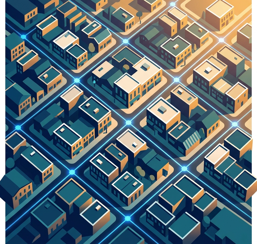 A warm, vibrant aerial view of a small American downtown neighborhood at golden hour. Illustrated in a modern flat-art style with deep navy blue and teal tones complementing geometric building shapes. Soft glowing connection lines and nodes overlay the streets, suggesting a digital network woven into the physical community. Color palette: deep navy #1a1a2e, electric blue #63b3ed, warm gold #ed8936, clean white highlights. Clean, contemporary editorial illustration style.