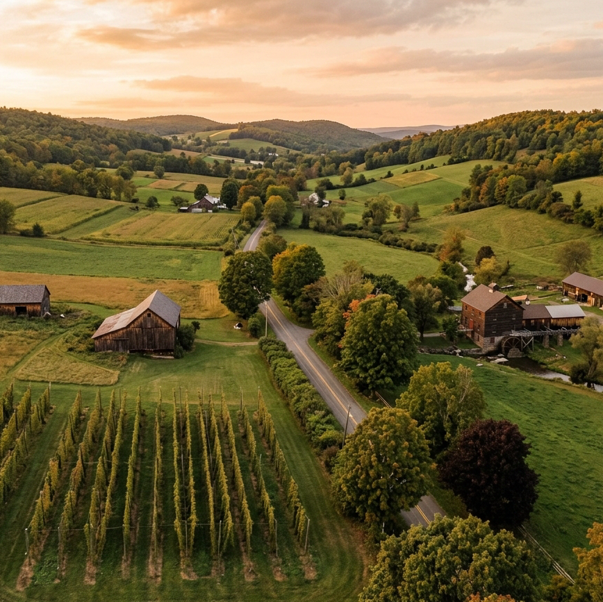 Aerial golden-hour photograph of the rolling green hills and farmland of Otsego County, New York, shot in warm amber and sage tones. Historic hop fields visible in the foreground with a winding country road cutting through the valley. Rustic wooden barns and a distant cider mill with a water wheel visible. Sky is soft peach and gold. Cinematic editorial style matching an infographic palette of deep brown, amber, forest green and burgundy.