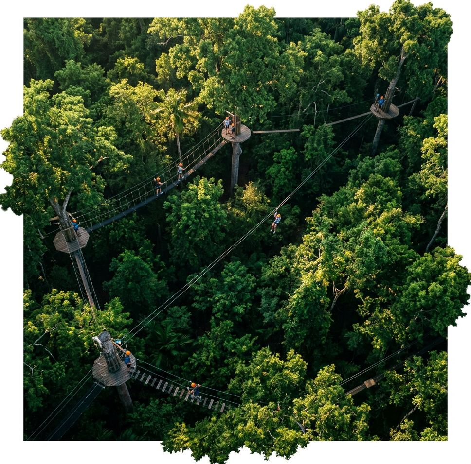 Aerial view of a lush tropical canopy adventure course with ziplines and suspended rope bridges winding through dense green tree canopy in Florida. Warm morning light filters through foliage. Adventurers in helmets and harnesses navigate the course. Deep jungle greens, dappled golden sunlight. Wide landscape orientation, slightly saturated natural photography style matching dark forest green infographic theme.