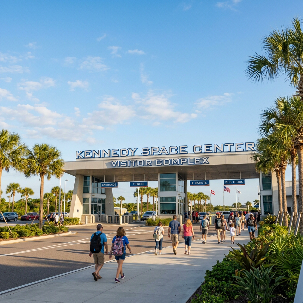 Daytime photograph of the Kennedy Space Center Visitor Complex entrance gate in Cape Canaveral, Florida. Wide-angle shot showing the iconic gate signage, palm trees, blue Florida sky with light clouds, and visitors walking toward the entry. Warm golden sunlight, vibrant colors. Photojournalistic travel photography style.