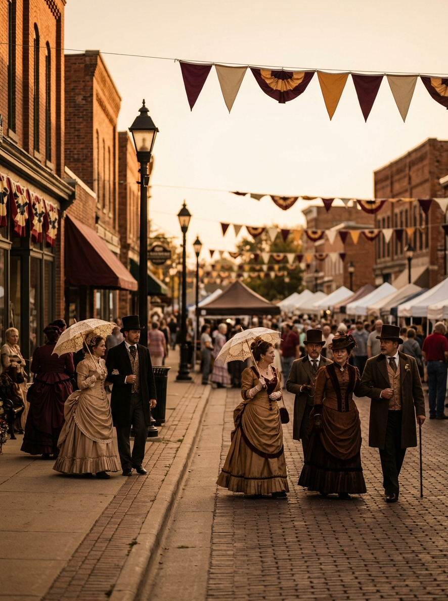 Warm-toned Victorian street festival scene at golden hour in a charming small-town Michigan downtown. Women in floor-length Victorian gowns with bustles and parasols, men in top hats and waistcoats stroll cobblestone streets lined with gas-style lampposts and bunting in deep burgundy, warm gold, and ivory. Artisan booth canopies visible in background. Soft painterly photography style, shallow depth of field, rich amber and sepia tones matching the infographic's gold #c9a96e and dark #333333 palette.