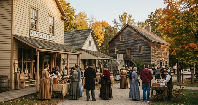 Historic Mill Race Village in Northville Michigan during a Victorian festival. Preserved 19th-century wooden buildings including a general store and mill, visitors in period Victorian costumes examining craft demonstrations. Autumn foliage, warm afternoon light. Muted warm tones, film-style photography harmonizing with gold #c9a96e and cream palette of the infographic.