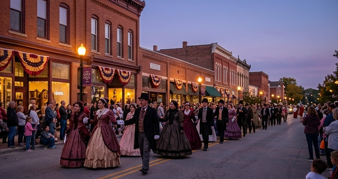 Victorian-era costume parade down a charming small-town Michigan main street at dusk. Participants in elaborate period gowns, frock coats, and top hats march past brick storefronts decorated with bunting in burgundy and gold. Warm lamplight, early evening sky with deep blue-purple hues. Crowd lining the sidewalks. Rich jewel tones echoing the infographic's #a0522d rose-brown and #333333 dark palette.