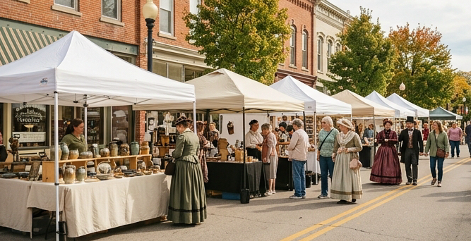 Outdoor Victorian festival artisan marketplace on a sunny downtown Michigan street. White and cream canopy tents display handmade pottery, jewelry, and folk art. Shoppers in a mix of Victorian costumes and casual dress browse vendor tables. Brick storefronts and maple trees with early autumn color in background. Clean, bright photography style with warm sage greens and cream tones matching infographic palette #5a7a5a and #faf7f2.