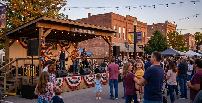 Outdoor live music stage at a small-town Victorian festival in Michigan. A band performs on a decorated wooden stage as a joyful crowd of families and couples enjoy the evening. String lights hang overhead, brick buildings and festival banners in warm gold and deep navy visible behind. Festive, warm autumn evening atmosphere. Rich indigo and amber tones matching infographic #3a3a6a and #c9a96e palette.