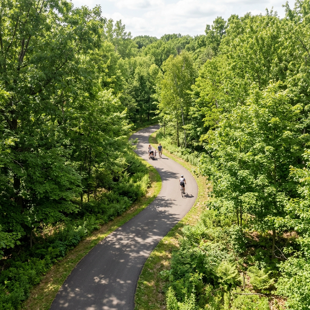 Aerial-perspective editorial photograph of a smooth paved multi-use trail winding through a lush green Michigan woodland park in summer. Dappled sunlight filters through tall deciduous trees onto the asphalt path. A family with a stroller and a cyclist in a distance are using the trail. Warm natural greens, soft earth tones, and bright sky. Color palette references dark charcoal #333333 for shadows and muted sage green #4a7c59 for foliage. Wide landscape crop, bright, airy, community-friendly atmosphere.