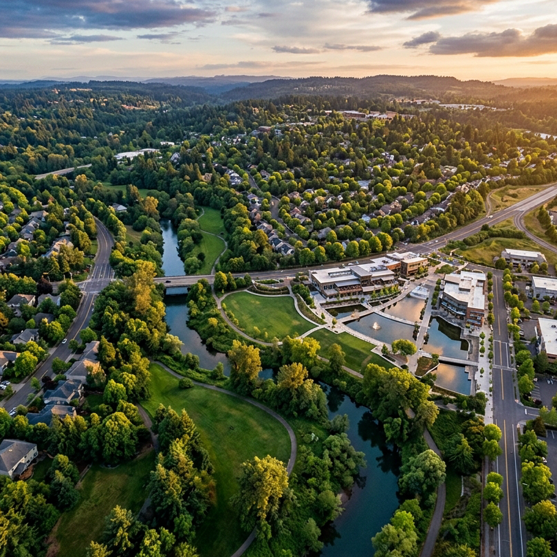 Aerial-perspective wide-angle photograph of Tualatin, Oregon at golden hour. A lush Pacific Northwest suburban landscape with tree-lined streets, a shimmering river winding through green parks, modern mixed-use plazas with water features, and residential neighborhoods. Deep teal and forest green color palette with warm amber light. Photorealistic, cinematic quality, modern editorial style matching a dark teal infographic background.