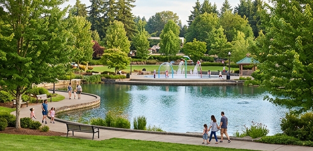 Ground-level photograph of Tualatin Commons Plaza, Oregon featuring a serene man-made lake with walking paths, benches, mature trees, and a splash pad in the background. Lush Pacific Northwest greenery, soft natural light, vibrant greens and blues. Families walking on paths near the water. Editorial travel photography style, warm and inviting, matches a deep green infographic theme.