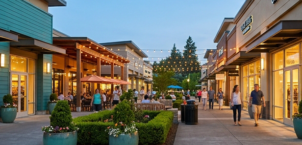 Stylish outdoor shopping plaza photograph at dusk in the Pacific Northwest, featuring warm-lit storefronts, al fresco dining with string lights, manicured planters, and pedestrians browsing upscale retail shops. Reflect Tualatin Commons mixed-use design, teal and amber warm-glow color palette, matching the infographic's dark teal background. Editorial lifestyle photography, vibrant and inviting.