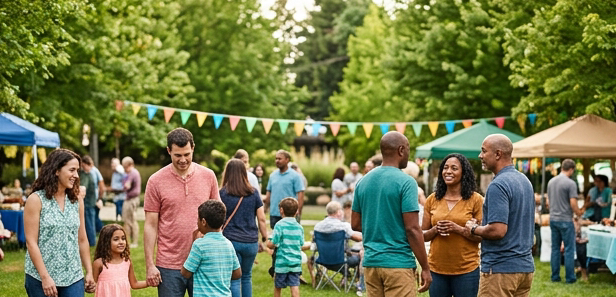 Warm editorial photograph of a community gathering event in a Pacific Northwest park, with families, couples and neighbors socializing outdoors, colorful banners and informal event tents in the background. Soft natural daylight, lush green trees. Community energy with a mix of ages and backgrounds. Color palette of green, teal and warm amber to complement a dark teal infographic design.