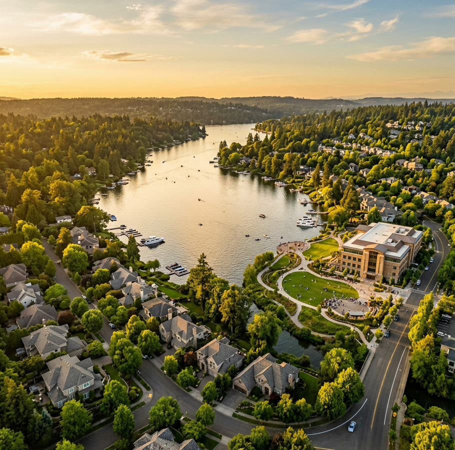 Aerial drone photograph of Lake Oswego, Oregon, showcasing tree-lined residential neighborhoods, the glistening lake, a visible city hall or civic building, and lush green parks. Shot in warm golden-hour light. The color palette echoes black, gold (#F5C451), and creamy ivory tones. Architecture is elegant and suburban-luxury. Wide landscape orientation, ultra high detail, photorealistic.