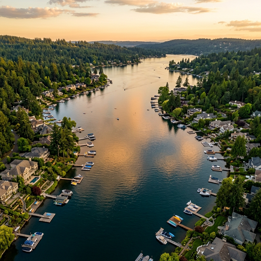 Aerial photography of Oswego Lake in Lake Oswego, Oregon at golden hour. The lake is surrounded by lush green Pacific Northwest trees and luxury lakefront homes with private docks. The water reflects warm amber and deep teal tones mirroring the color palette of desert sand (#F3E5DC), pale gold (#C5A069), and deep navy (#1a3a4a). The composition is wide, cinematic, and serene, shot from above at a slight angle showing the curve of the shoreline and the dock structures. Photorealistic, high-resolution, moody Pacific Northwest atmosphere.